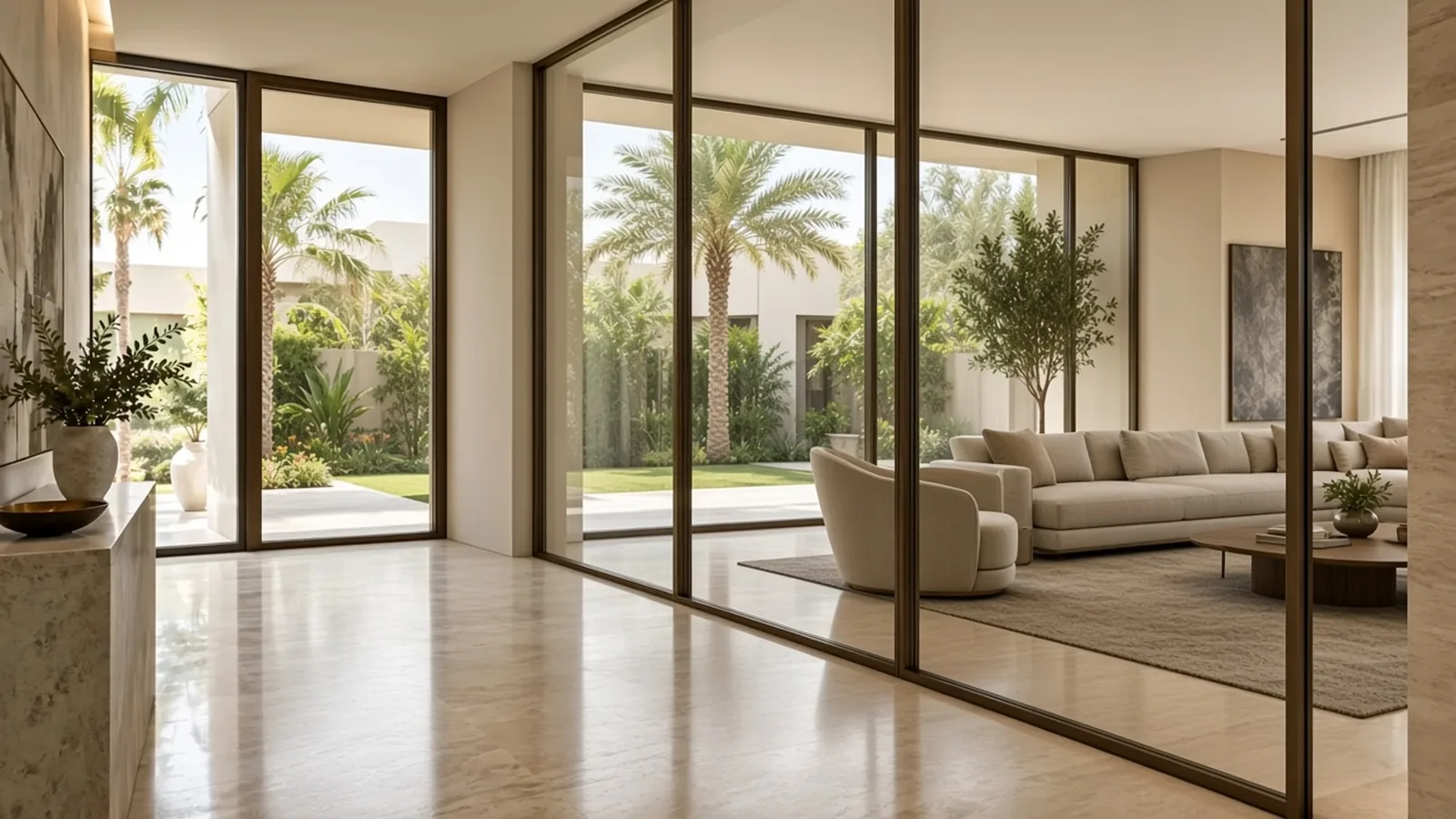 Bronze-framed villa windows in a bright Dubai living room